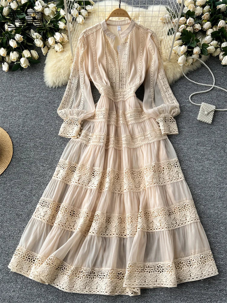 Vintage  Long Sleeves V Neck Zipper Desigh Hollow Out Embroidery Lace Splice Dresses