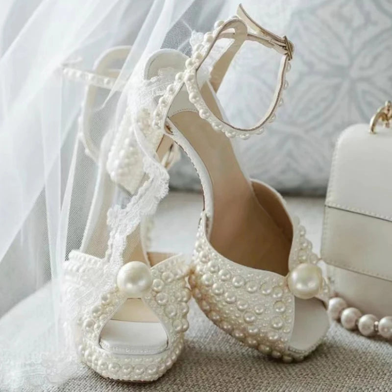 Handmade Beaded Thick Heel Fish Mouth Sandals
