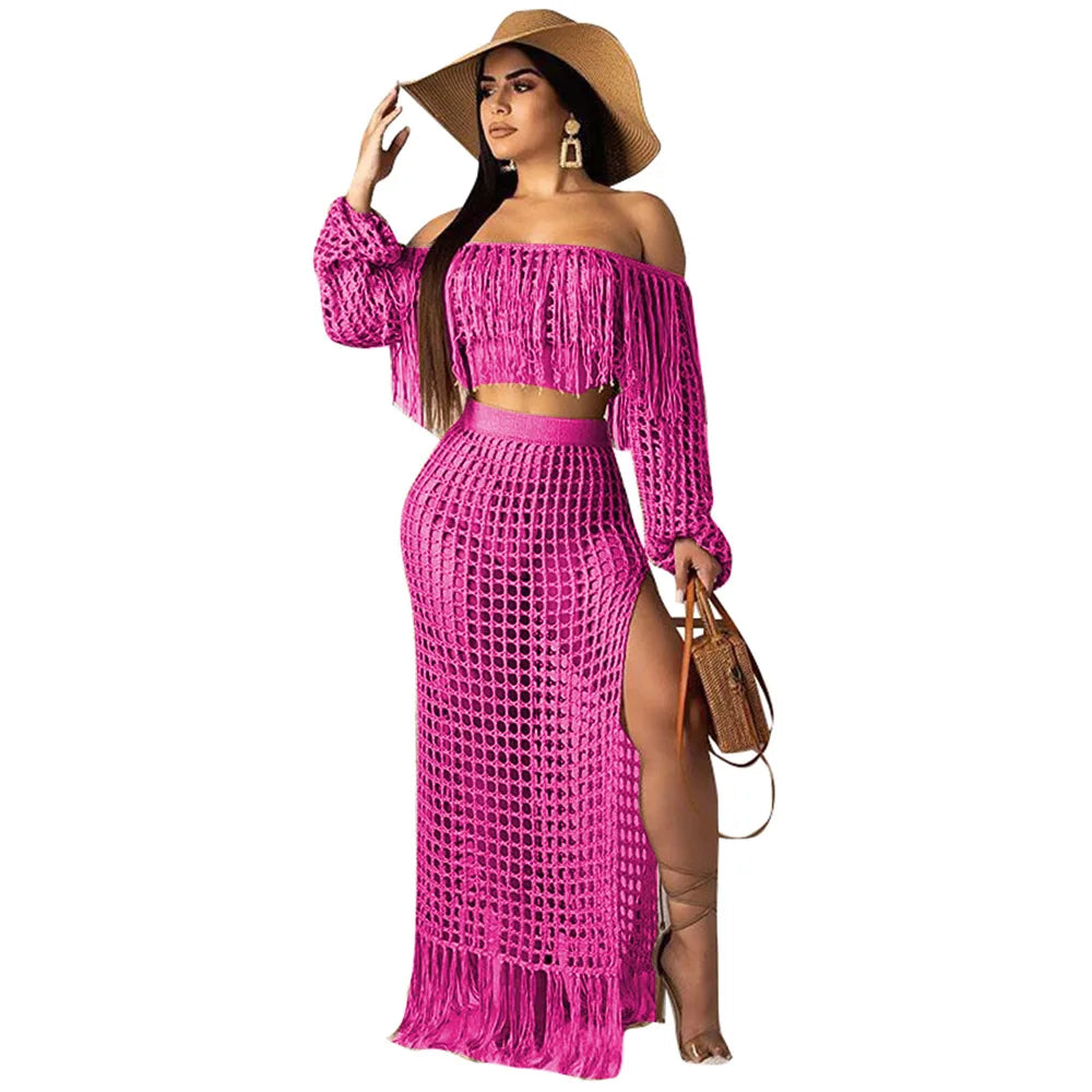 Beach Long Skirts Suit Off Shoulder Tassels Sexy Hollow Out Ensemble 2 Piece Set