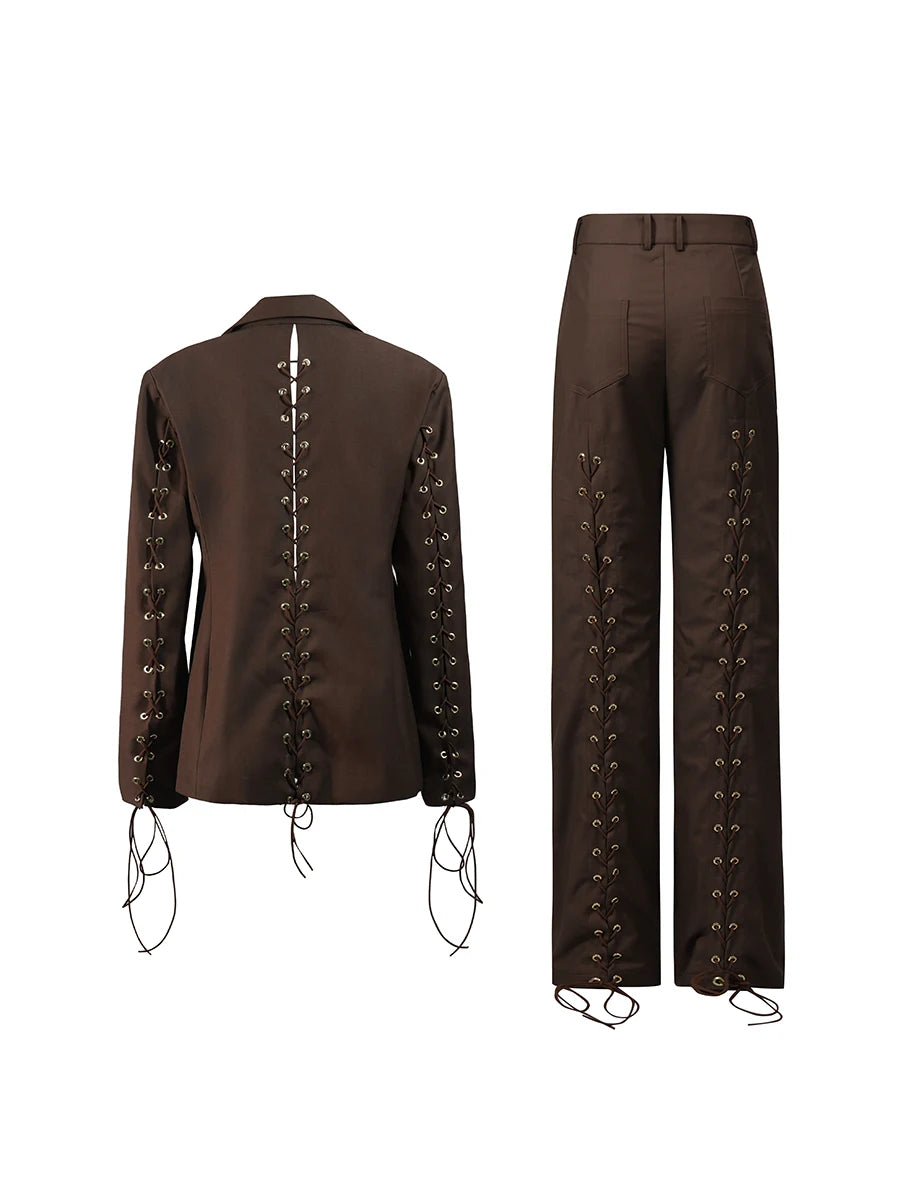 Solid Spliced Lace Up Hollow Out Two Piece Sets for Women
