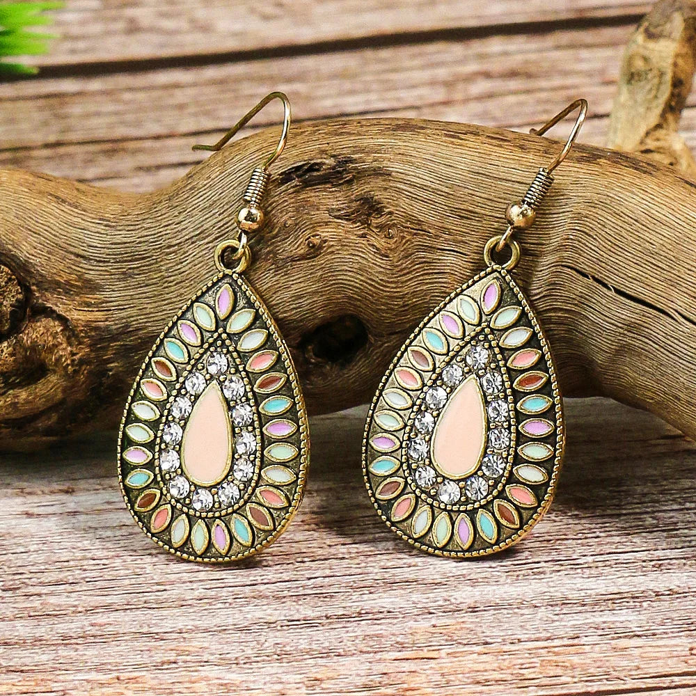 Bohemian Turquoise Vintage Geometric Drop Earrings – Alloy Oil Drop Round Stone Design