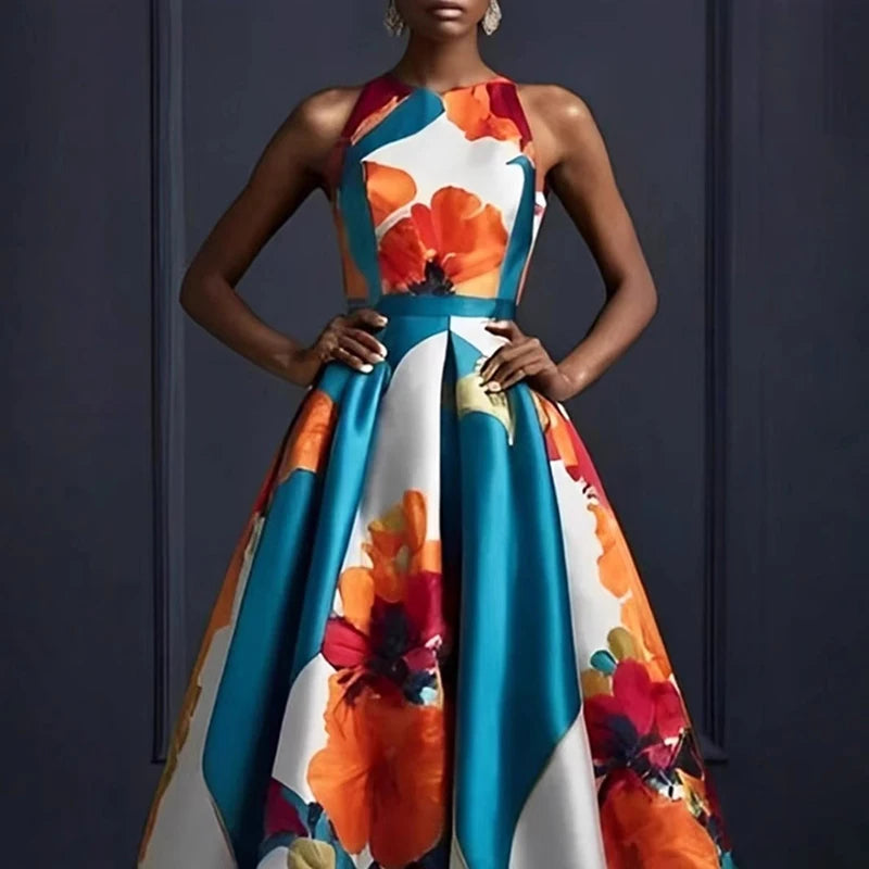 Sexy Sleeveless Flower Print High Waist Long Dress