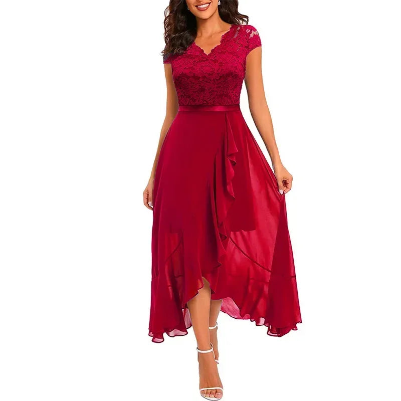 2026 V Neck Short Sleeve  Lace Splice Ruffles Chiffon Irregular Dress