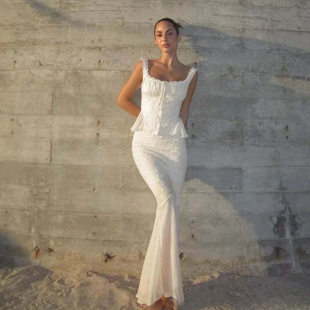 Beige Long Matching Set Sexy Mermaid Skirt