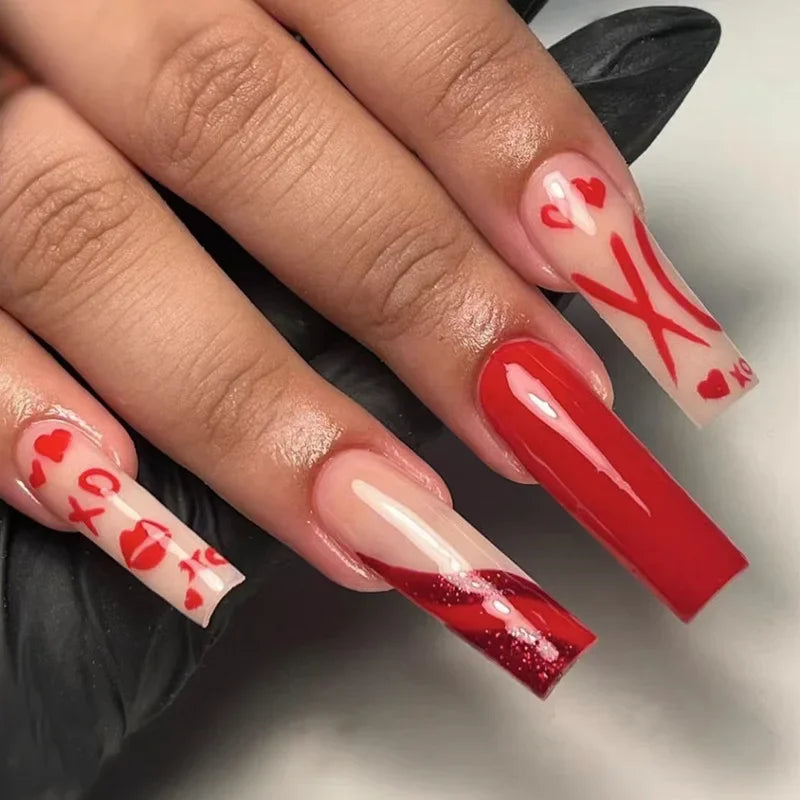 Romantic Valentine's Day Red Love Heart Charm Red Lips Almond Fake Nails