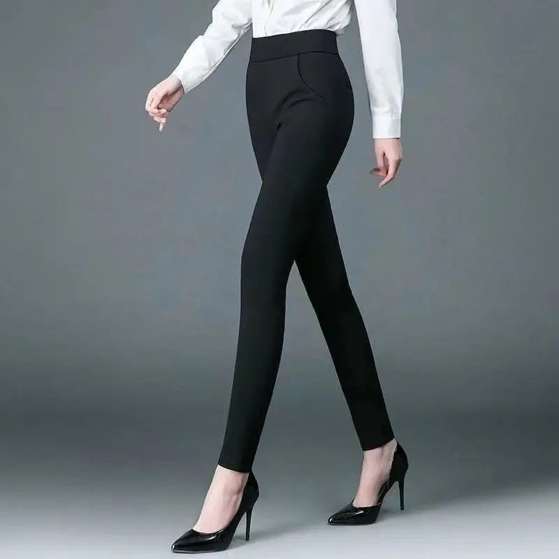 Spring and Summer High Waist Solid Print Pocket Patchwork Elastic Slim Elegant Pants