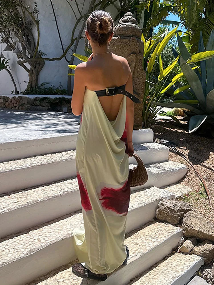 Sexy Strapless Print Floral Belt Maxi Dress