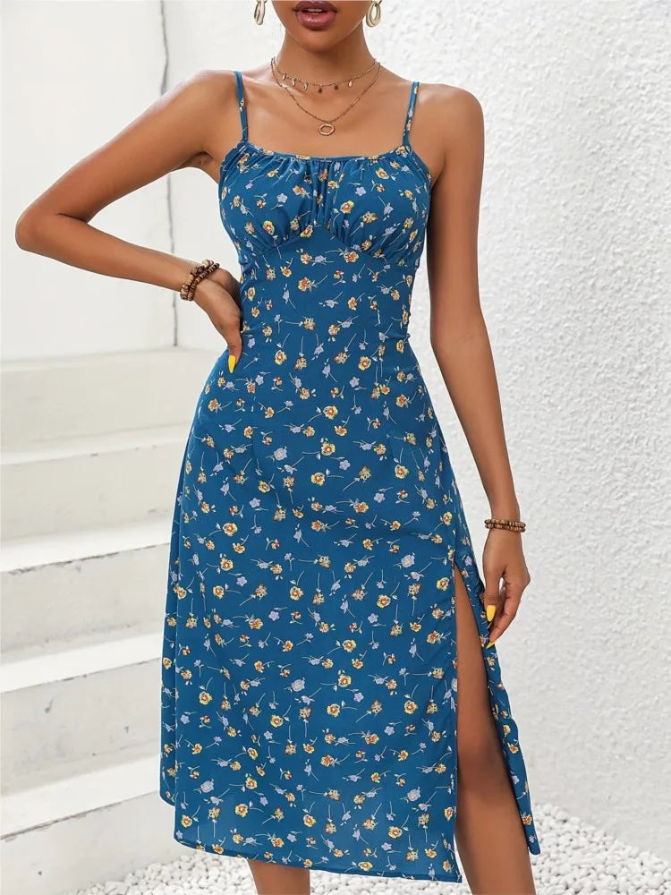 Summer Sexy Spaghetti Straps Polka Dot Print Sleeveless Slit Dress
