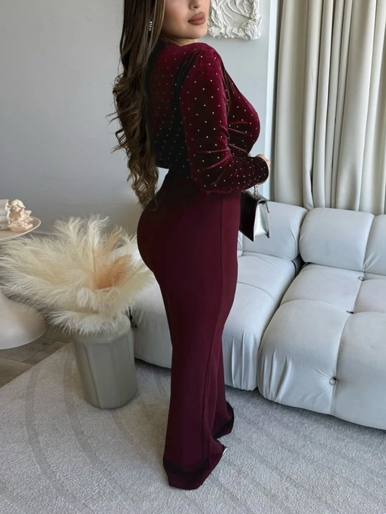 Sexy Velvet Patchwork Deep V Neck Flare Jumpsuits