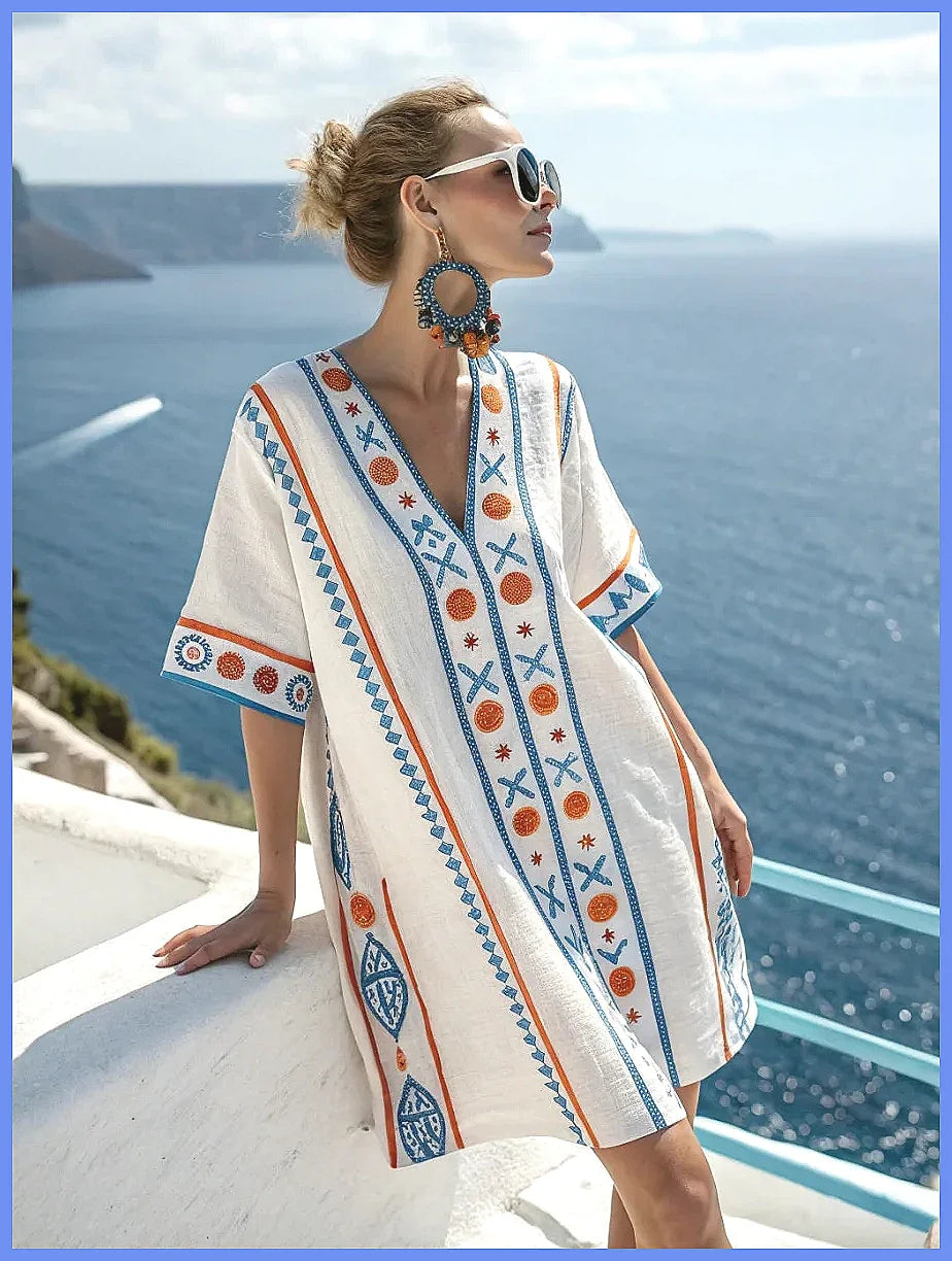 2025 Summer V-Neck Floral Print Loose Beach Dress