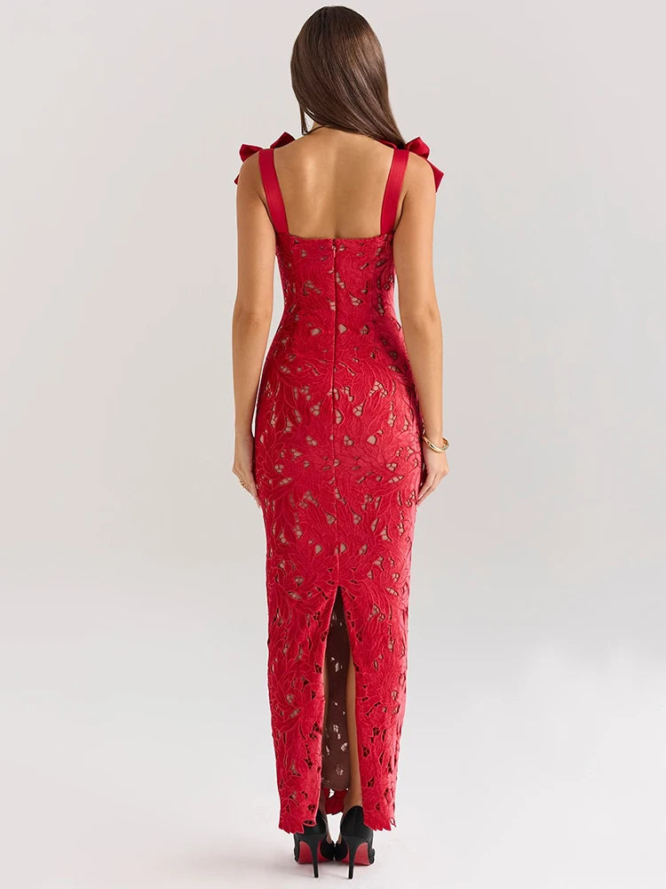 Bows Lace  Sleeveless Backless Bodycon Sexy Maxi Dress