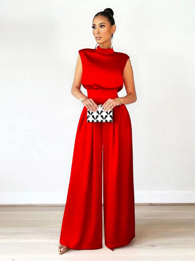 Spring Summer New Elegant Wide Leg Pants Bodysuit High Collar Sleeveless Jumpsuits
