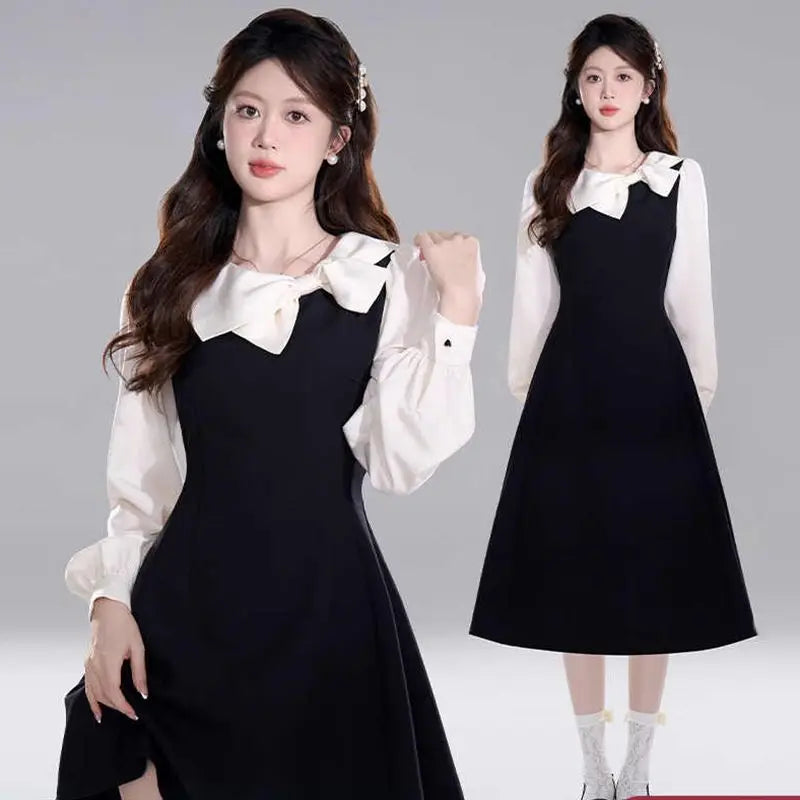 French Hepburn Style Fake Two Black Dresses for Autumn and Winter