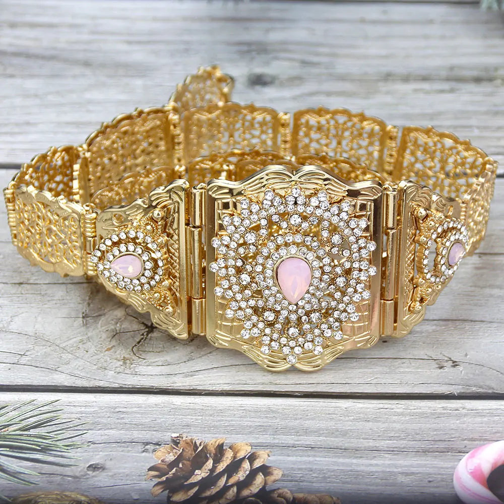 Pink Stone Choker Necklace Caftan Belt Waist Chain Adjustable Gold Color Jewelry Set