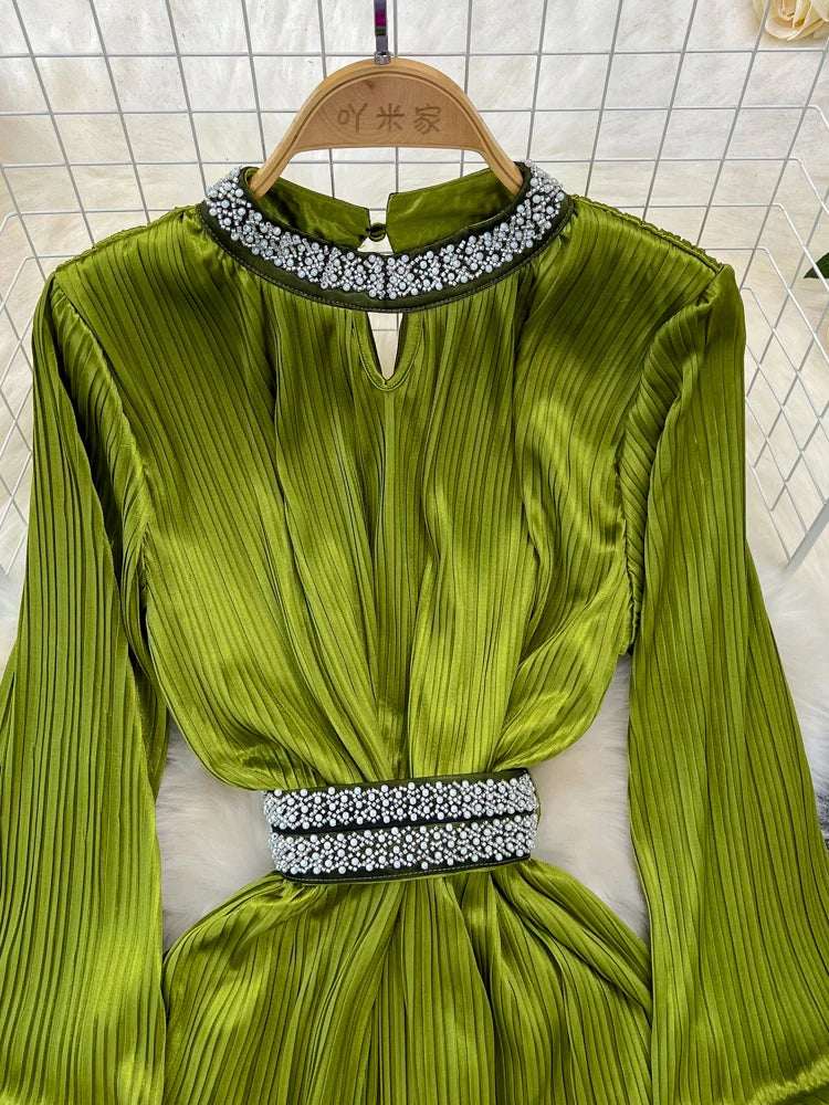 Diamond Pleated High Waist Stand Collar Long Sleeve A-line Dresses