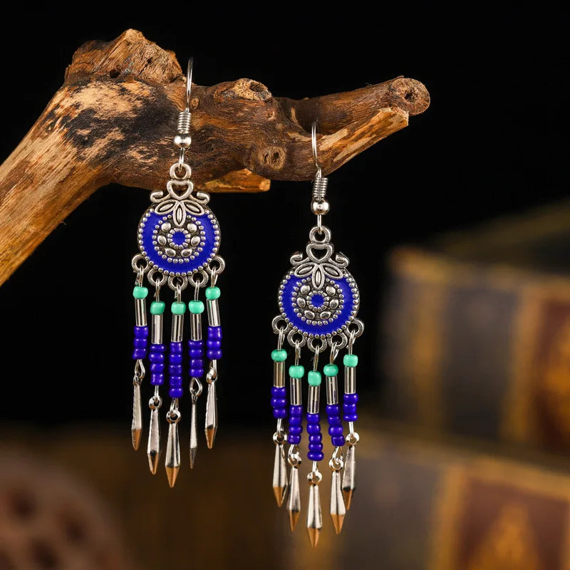Bohemian Cute Drop Geometric Enamel Handmade Beads Tassel Vintage Boho Earrings