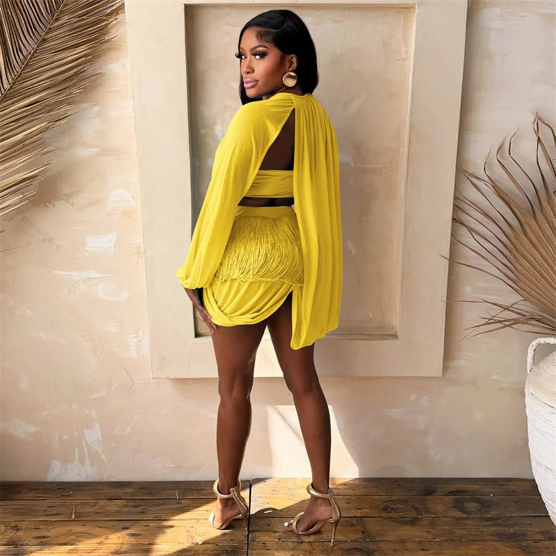 Sheer Mesh Tassel Birthday Outfit Set – Long Sleeve Crop Top &amp; Mini Skirt for Club, Party & Night Out