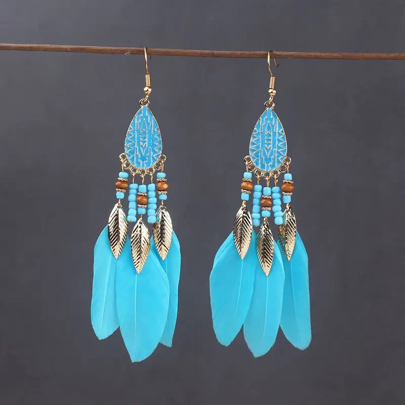 Boho Long Feather Dangle Earrings – Handmade Tassel & Enamel Flower Statement Jewelry for Women
