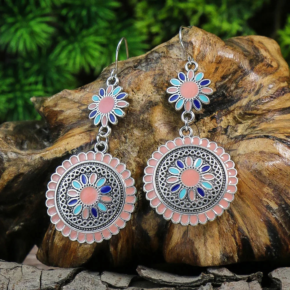 Bohemian Turquoise Vintage Geometric Drop Earrings – Alloy Oil Drop Round Stone Design