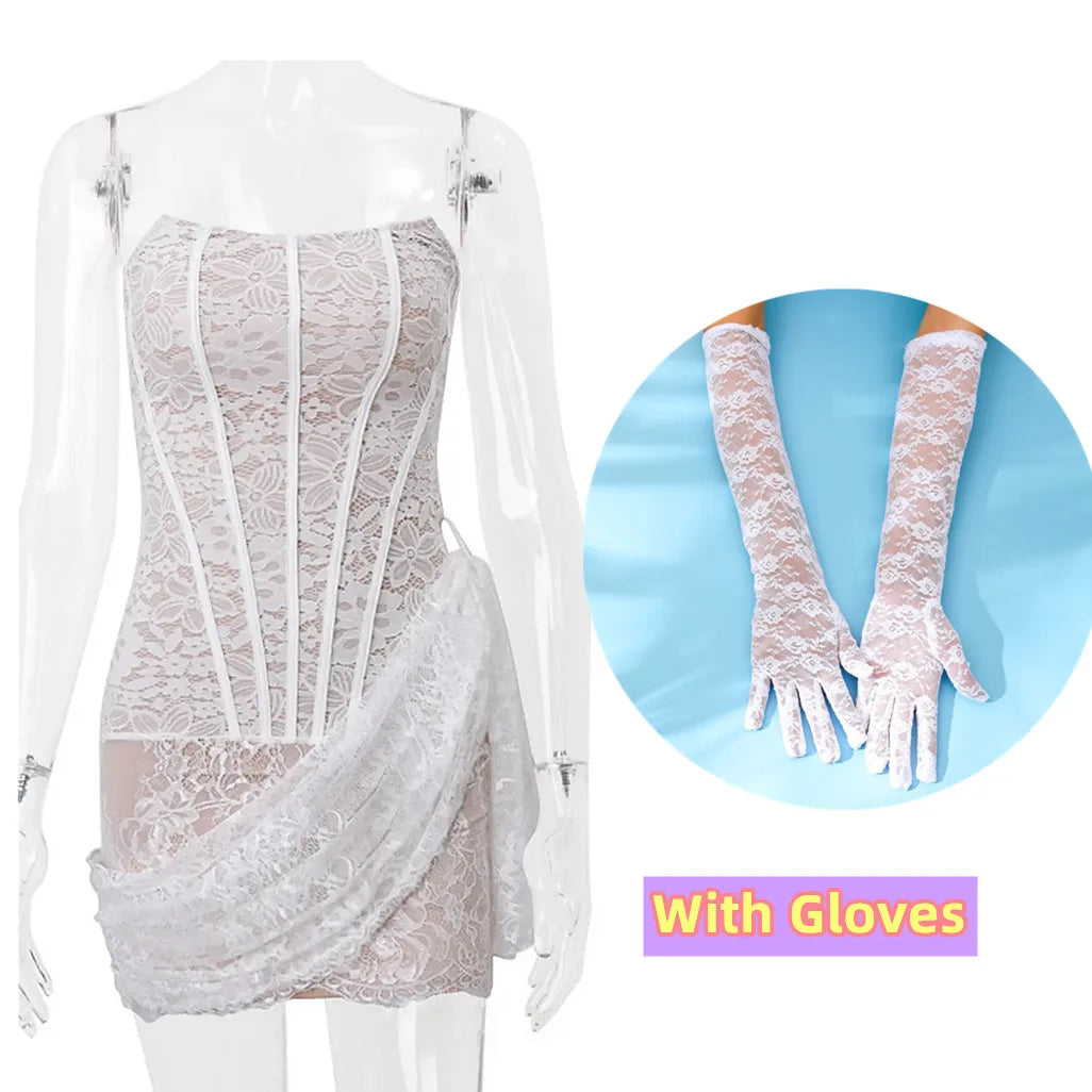 Vintage Elegant Lace Mesh See Through Bandage Dresses +Lace Gloves