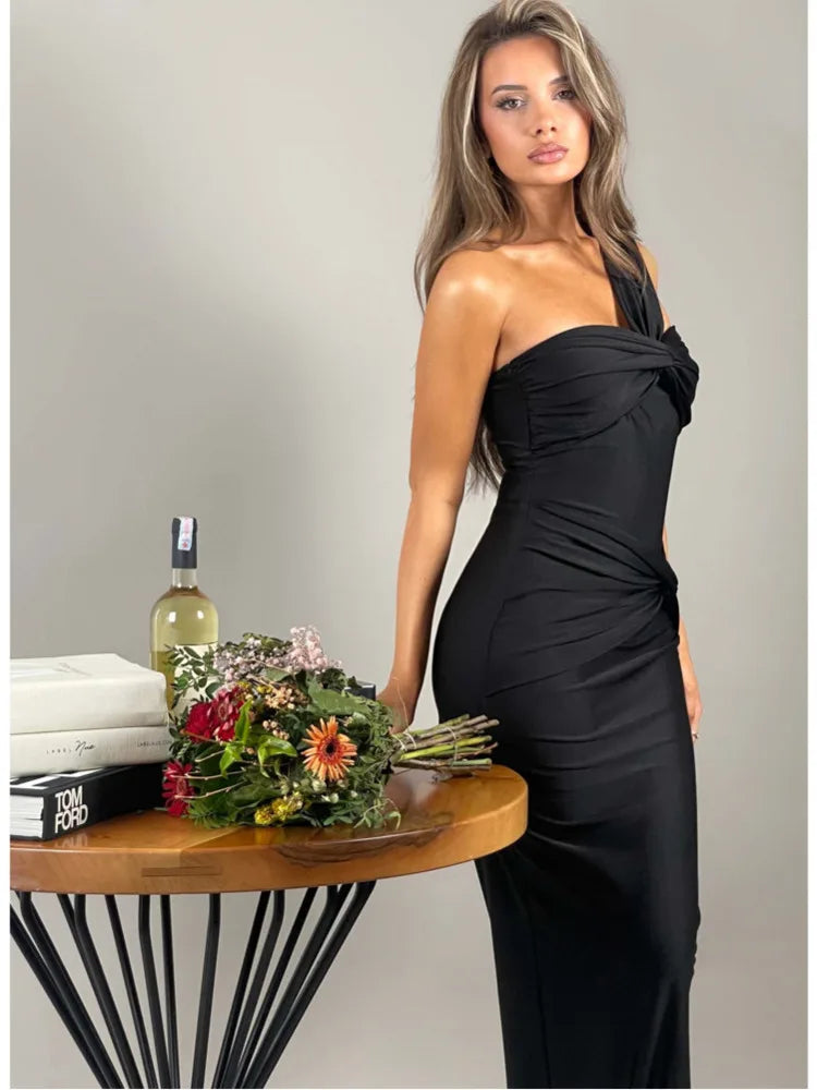 Elegant Sleeveless Single Shoulder Strap Zipper Evening Dress