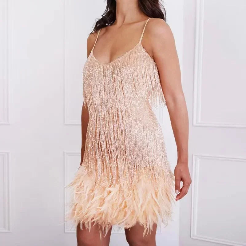 2025 New Sexy Tassel Sequins Feather Mini Dress