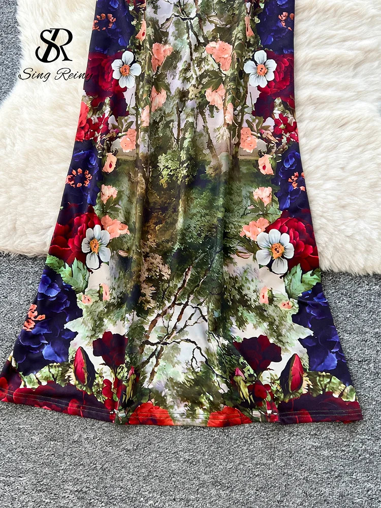 Spring Vacation Floral Long Sleeves Slim Elastic Milkmaid Designer-Inspired Vintage Print Maxi Dress