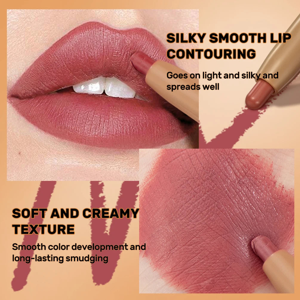 Double Head Lip Liner & Brush Pen – Mist Matte Velvet Contour Tint for Flawless Nude & Brown Lips