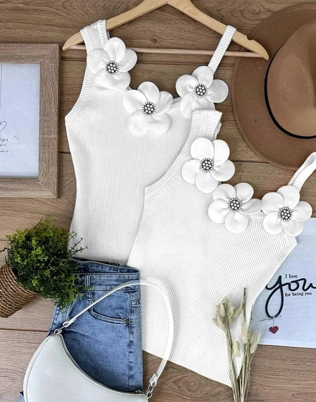 Summer Fashion Floral Pattern Beaded Decor Casual U-Neck Plain Sleeveless Tight Fitting Daily Knit Tank Top