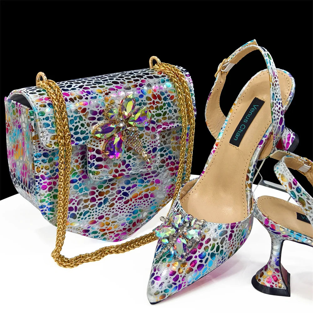 Champagne Color Thin Heels Pointed Toe Crystal Design Ladies Shoes Matching Bag Set
