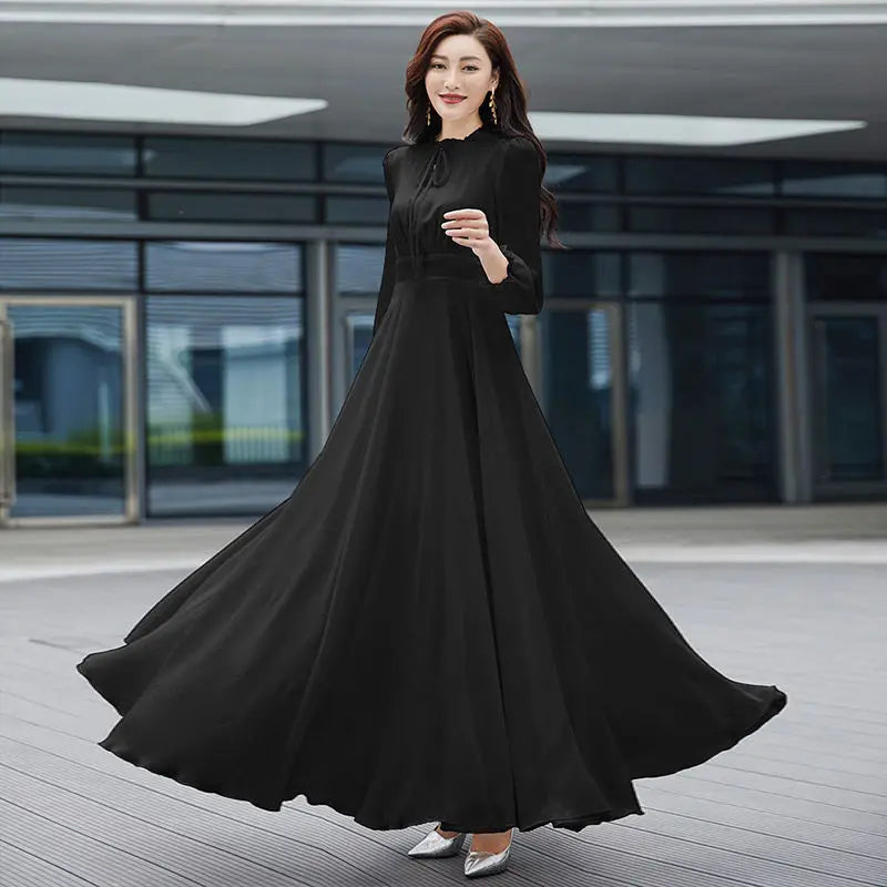 Spring Autumn Fashion Belt Elegant Casual O-neck Long Sleeve Slender Dresses