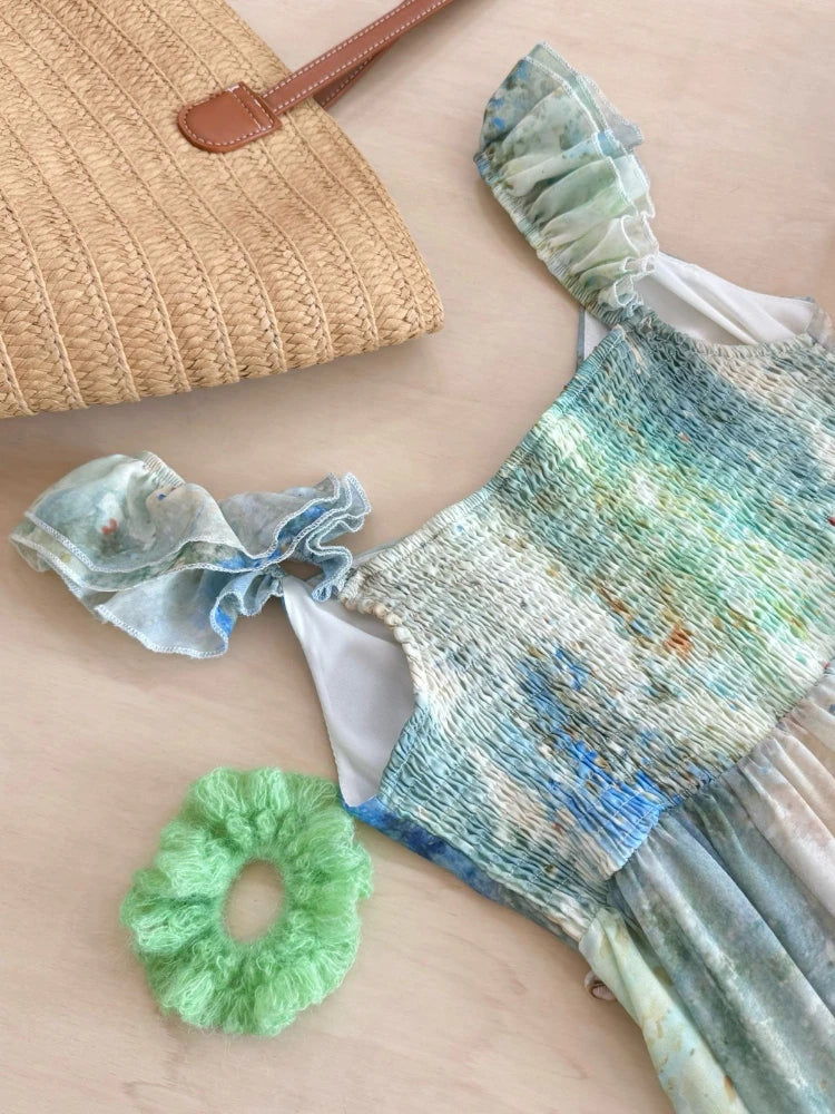 Summer French Beach Vacation Original Design Shell Sequin Ruffle Flounce Dress