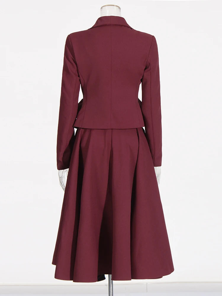 Solid Burgundy Lapel Long Sleeve Spliced Appliques Coats High Waist A Line Skirt Set