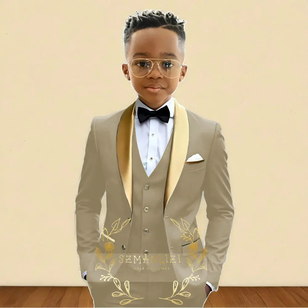 3‑Piece Boys Wedding Suit with Gold Shawl Lapel (2–16 Years)