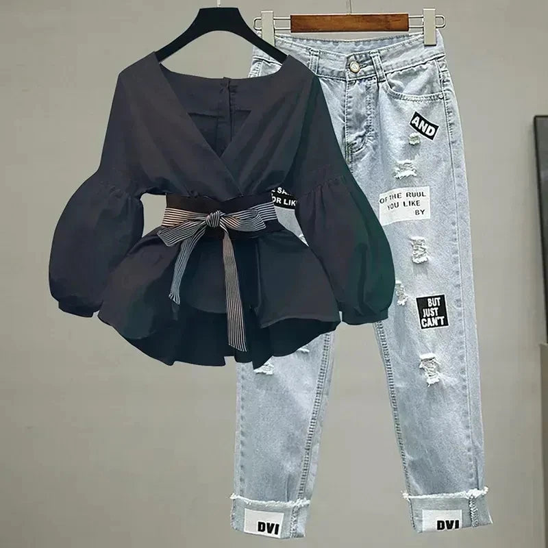 Women’s Elegant V‑Neck Chiffon Top & Korean Ripped Jeans Set