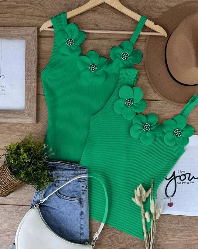 Summer Fashion Floral Pattern Beaded Decor Casual U-Neck Plain Sleeveless Tight Fitting Daily Knit Tank Top