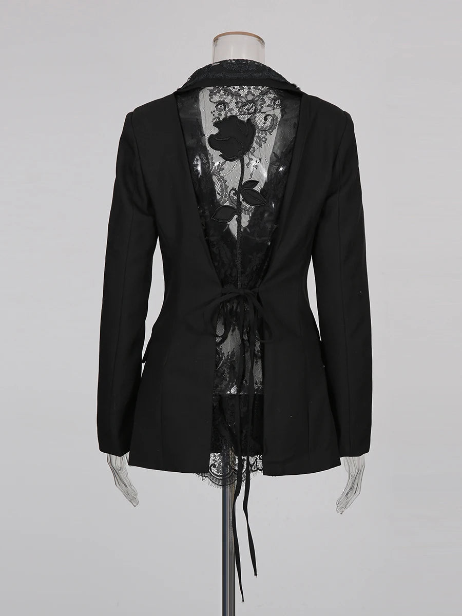 Solid Spliced Lace Sheer Sexy Jacket