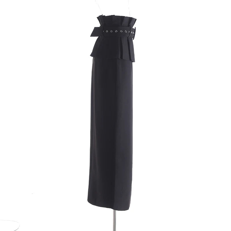 Spring New Wide Ruffled Belt DecorationSolid Color Straight Hight Waist Long Skirts