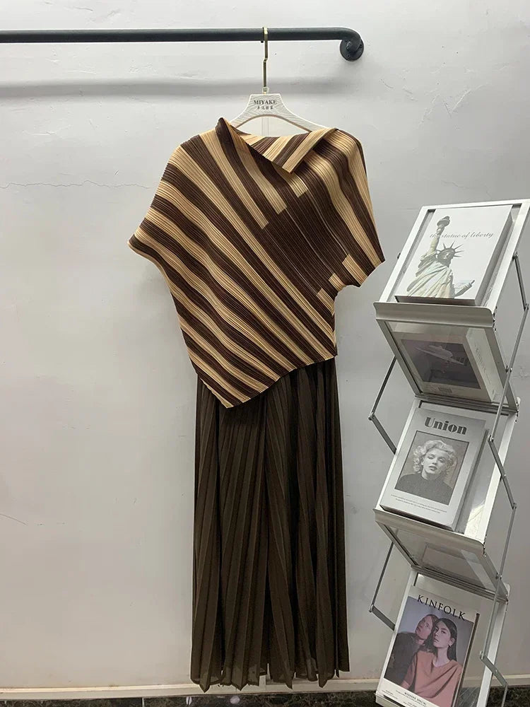 Striped Pleated Contrast Color Irregular Belt Tops + Long Pants