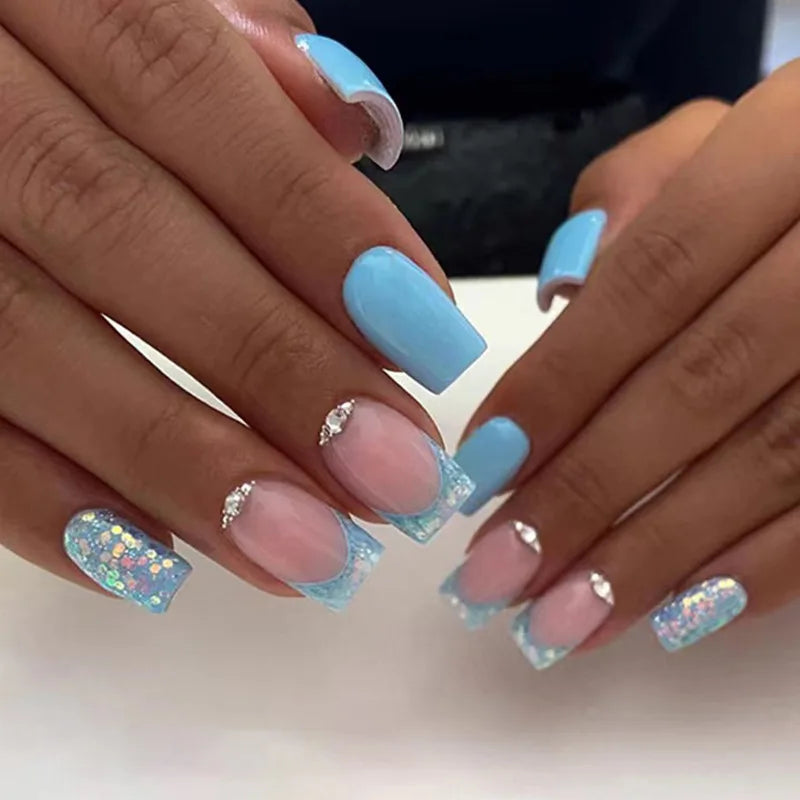 24Pcs Mid-length Square Press-On Nails with Golden Butterfly Design