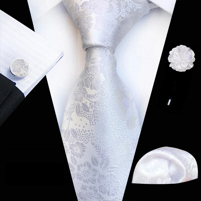 Floral  Neck Tie Set Handkerchief Brooch Cufflinks Men Accessories