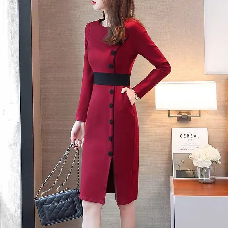 Spring Autumn Fashion Contrast Color High Waist Long Sleeve Slim Midi Dress