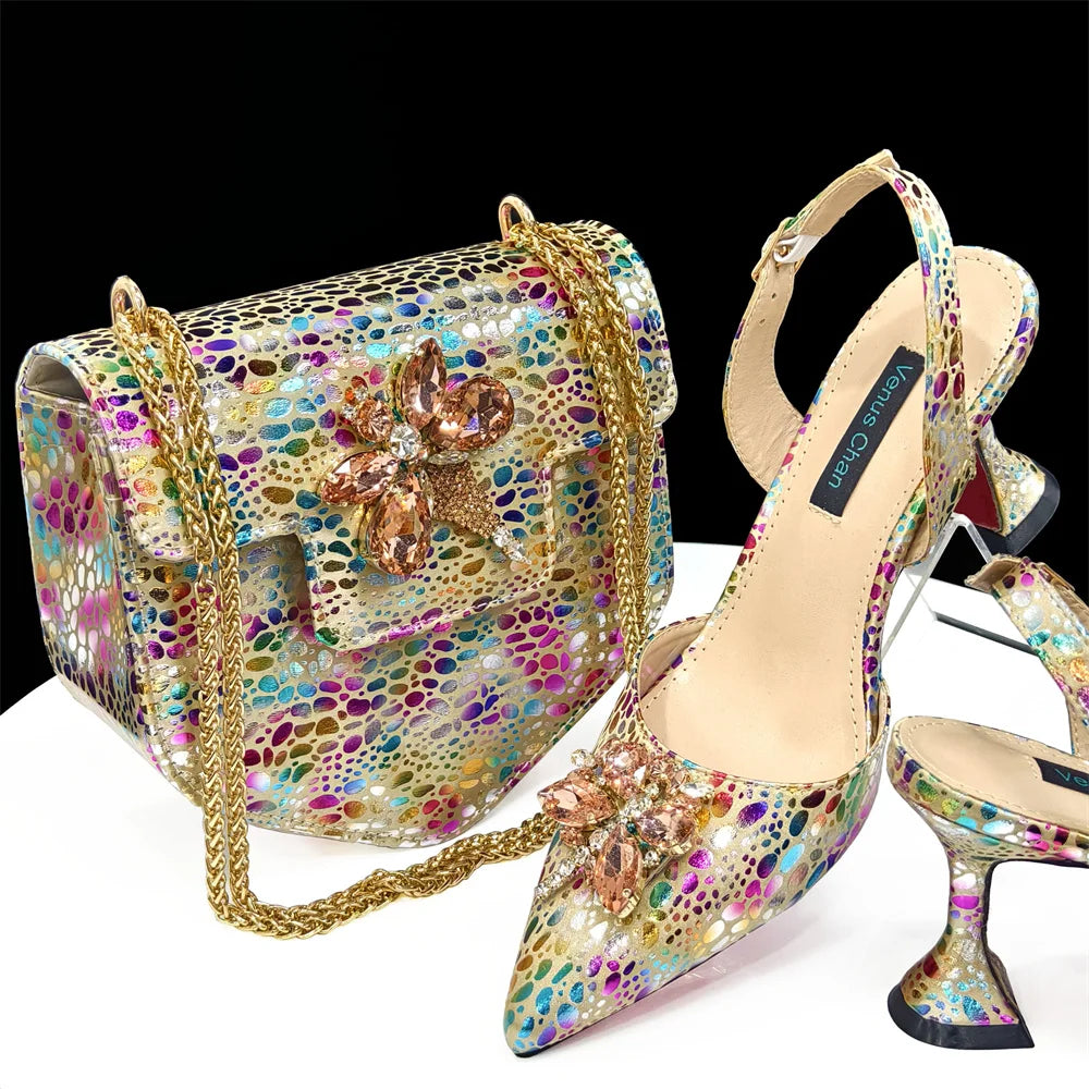 Champagne Color Thin Heels Pointed Toe Crystal Design Ladies Shoes Matching Bag Set