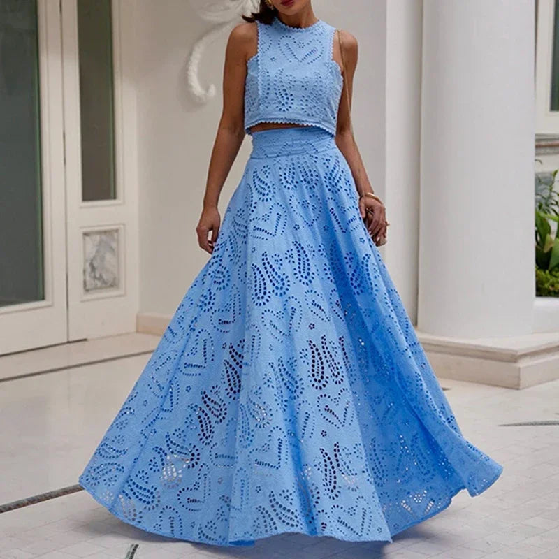 Slim Lace  O Neck Sleeveless Vest Top+Long Skirt Set