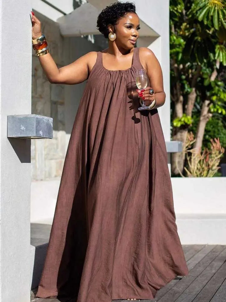 Loose Fit Elegant Brown Square Collar Sleeveless Summer Dress