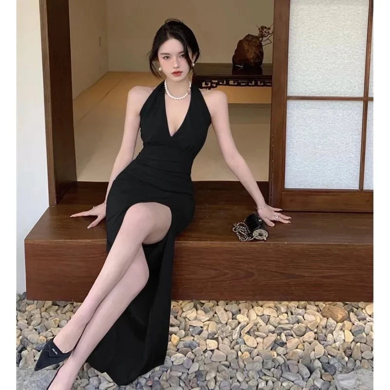 Women Sleeveless Chest Wrap Maxi Dress Split Deep Sexy V Neck Party Elegant Red Evening Dresses Summer Female Fashion Mini Robe