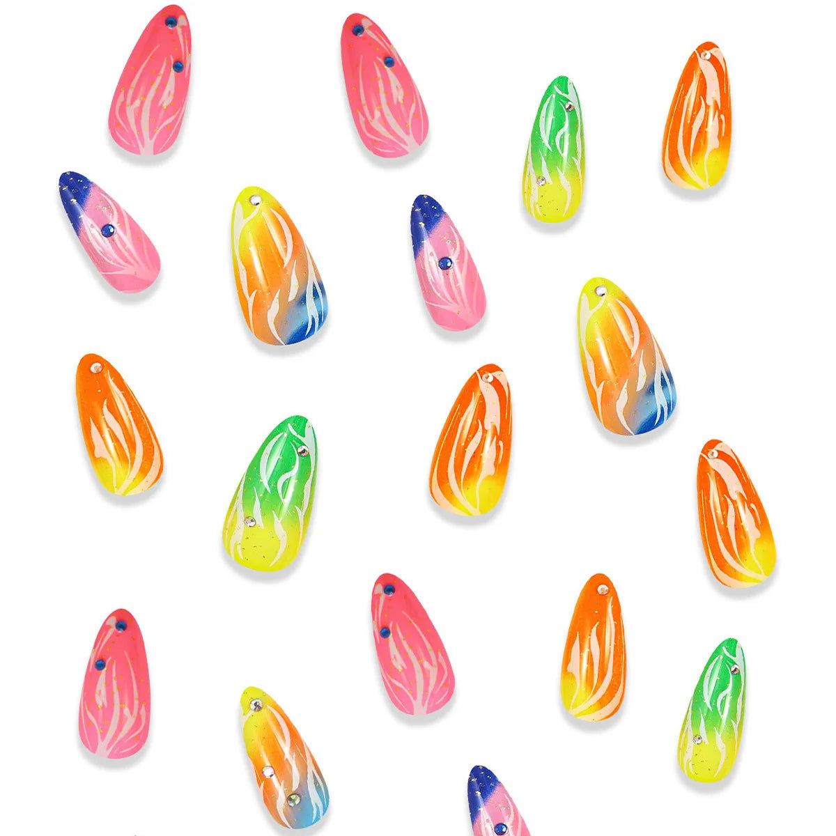 Long Stiletto Green Glitter Press On Nails with Rhinestones - 24pcs