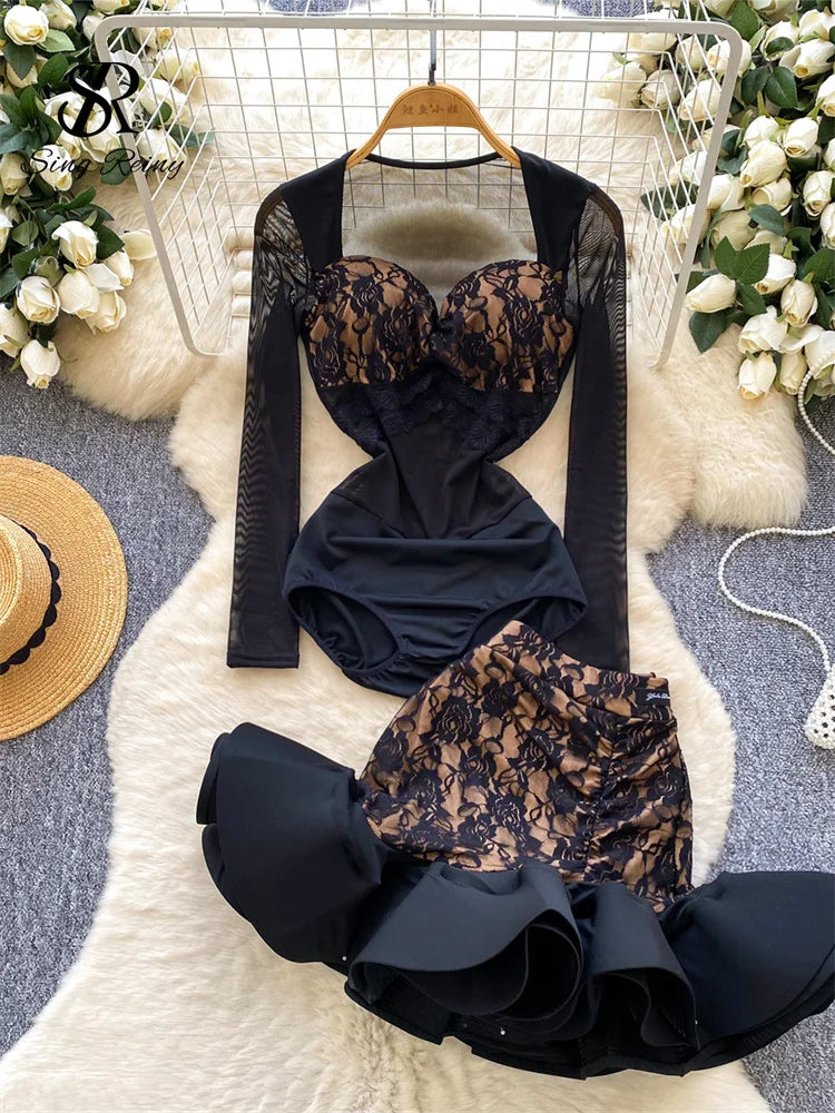 Sexy Floral Lace Suit Mesh Sheer Slim Bodysuit+Ruffles Mini Mermaid Skirt