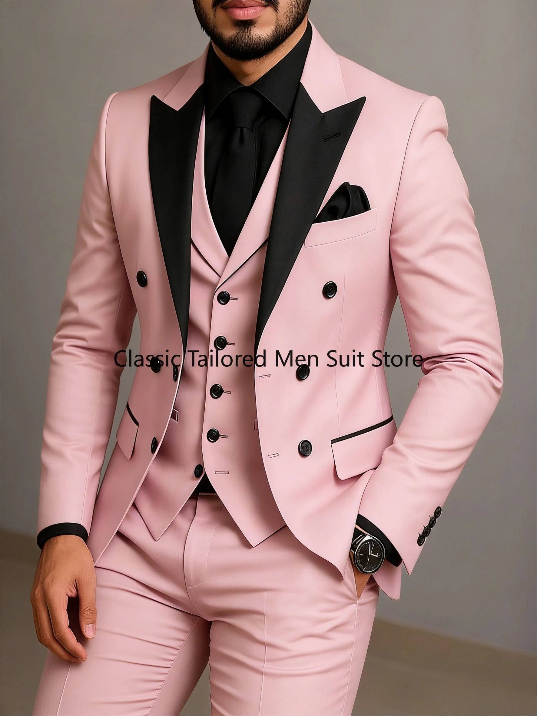 Beige Double Breasted Suit  Black Lapel  Slim Fit Wedding Suit