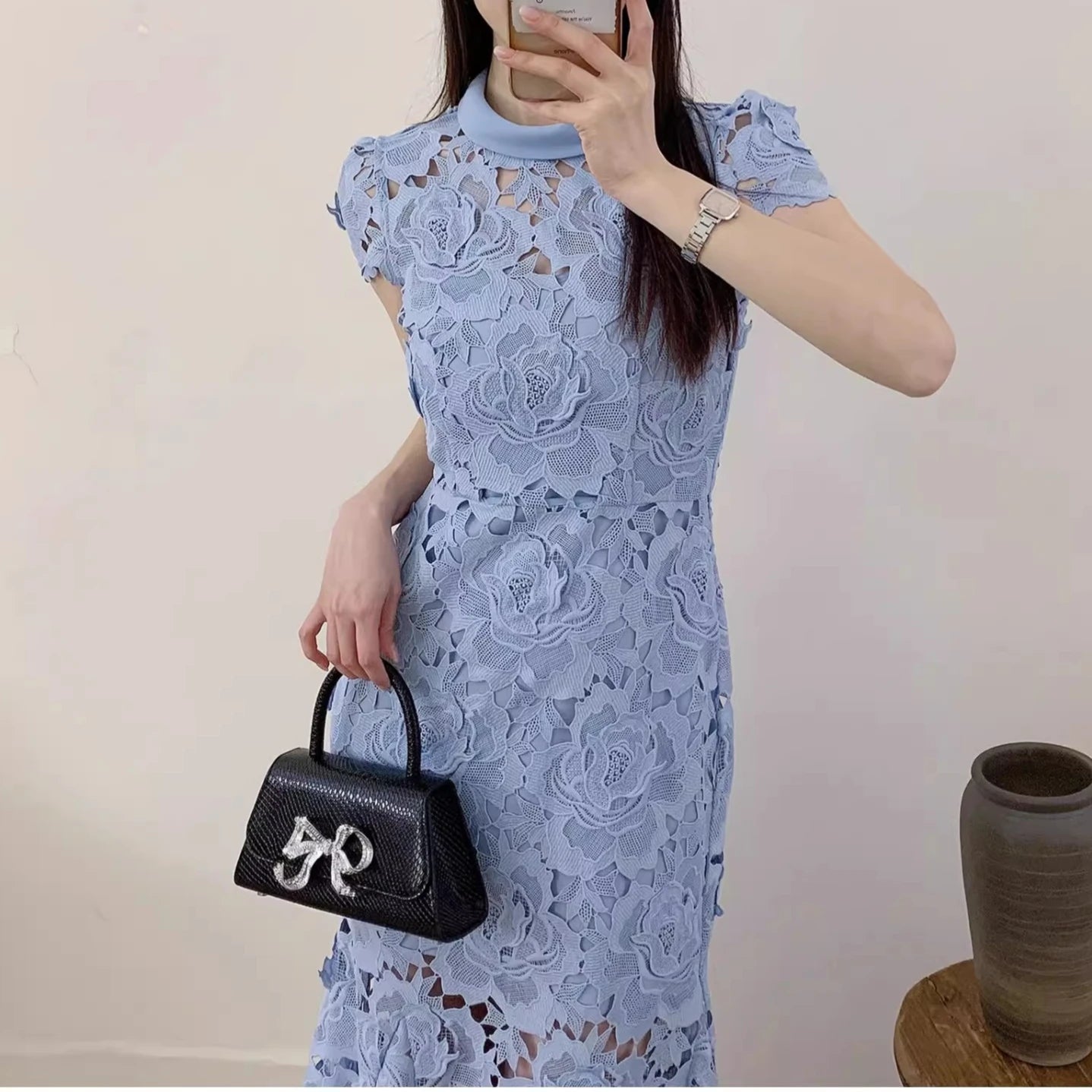 Light Blue Lace Trumpet Dress